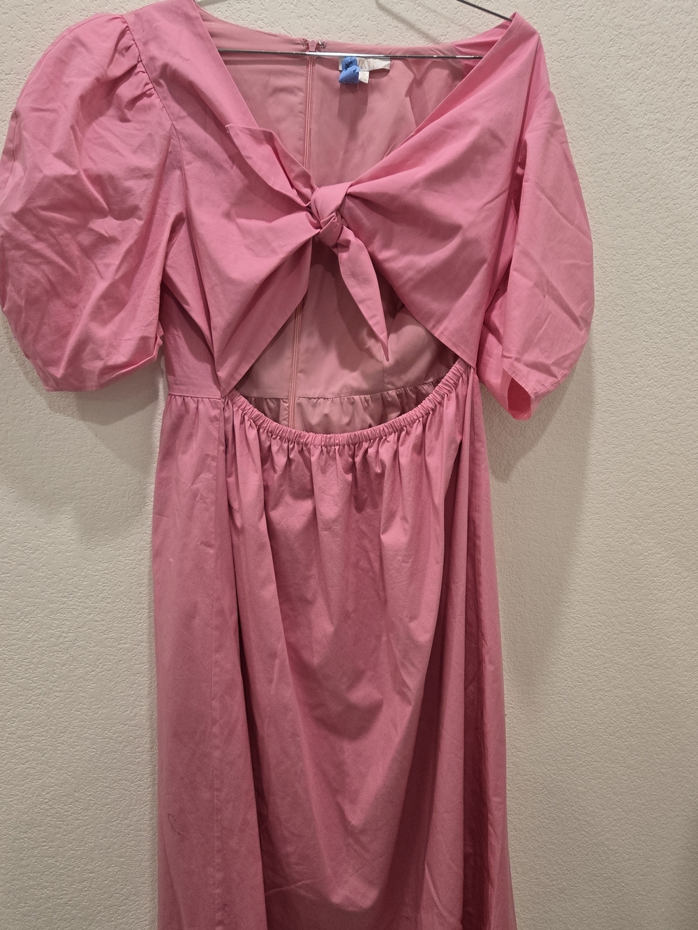 Wayf Pink Tie-Front Puff Sleeve Midi Dress